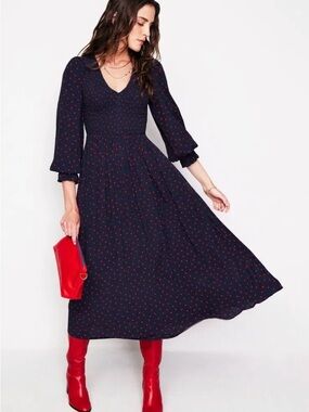 Boden Gemma Polka Dot Smocked Midi Dress 12R